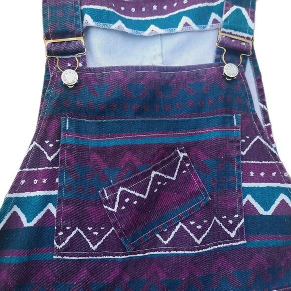 Vintage 90s Aztec Print Shortalls Overalls Womens S Baggy Purple Green Cotton - Picture 7 of 11